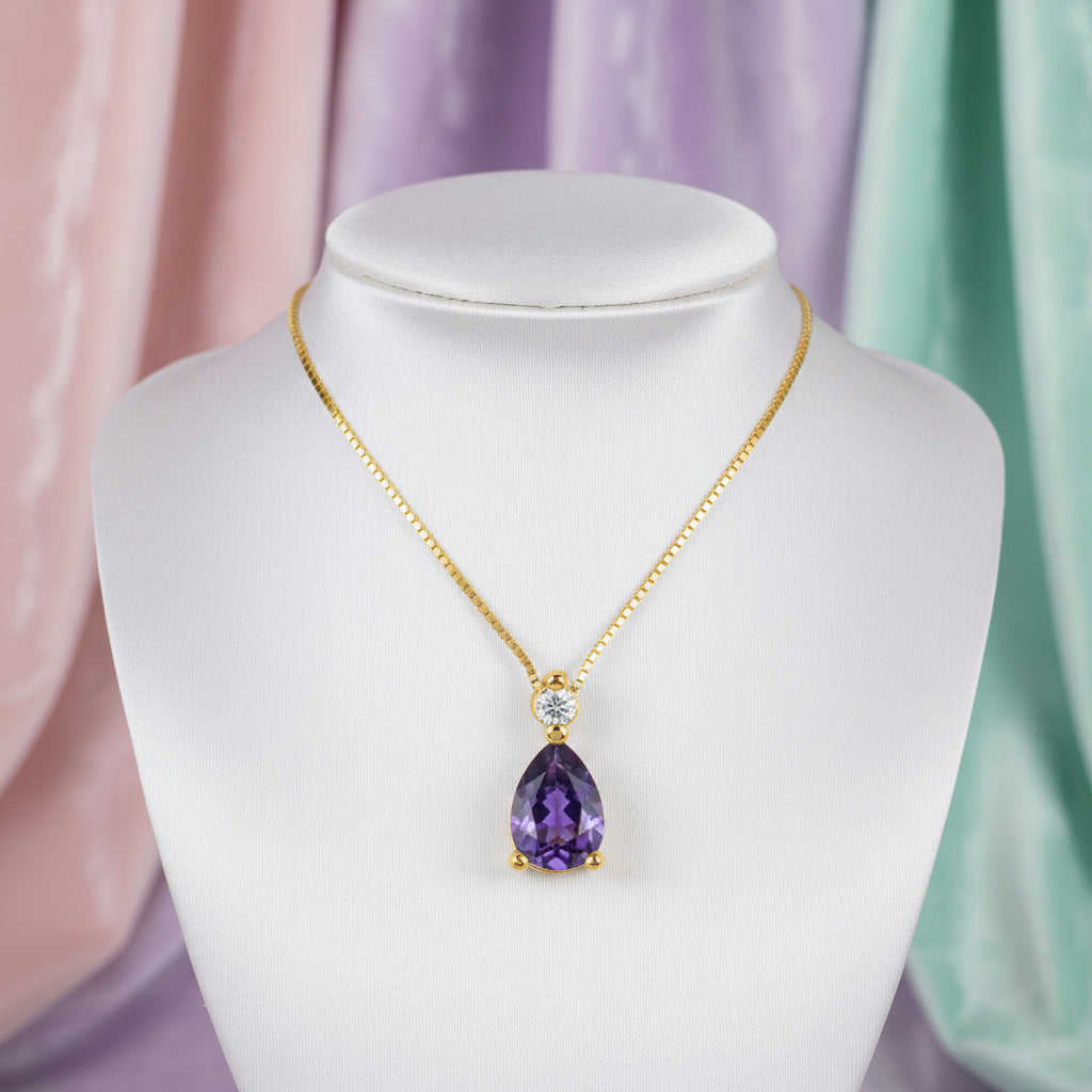 10K Yellow gold pear shaped Amethyst and diamond pendant with chain