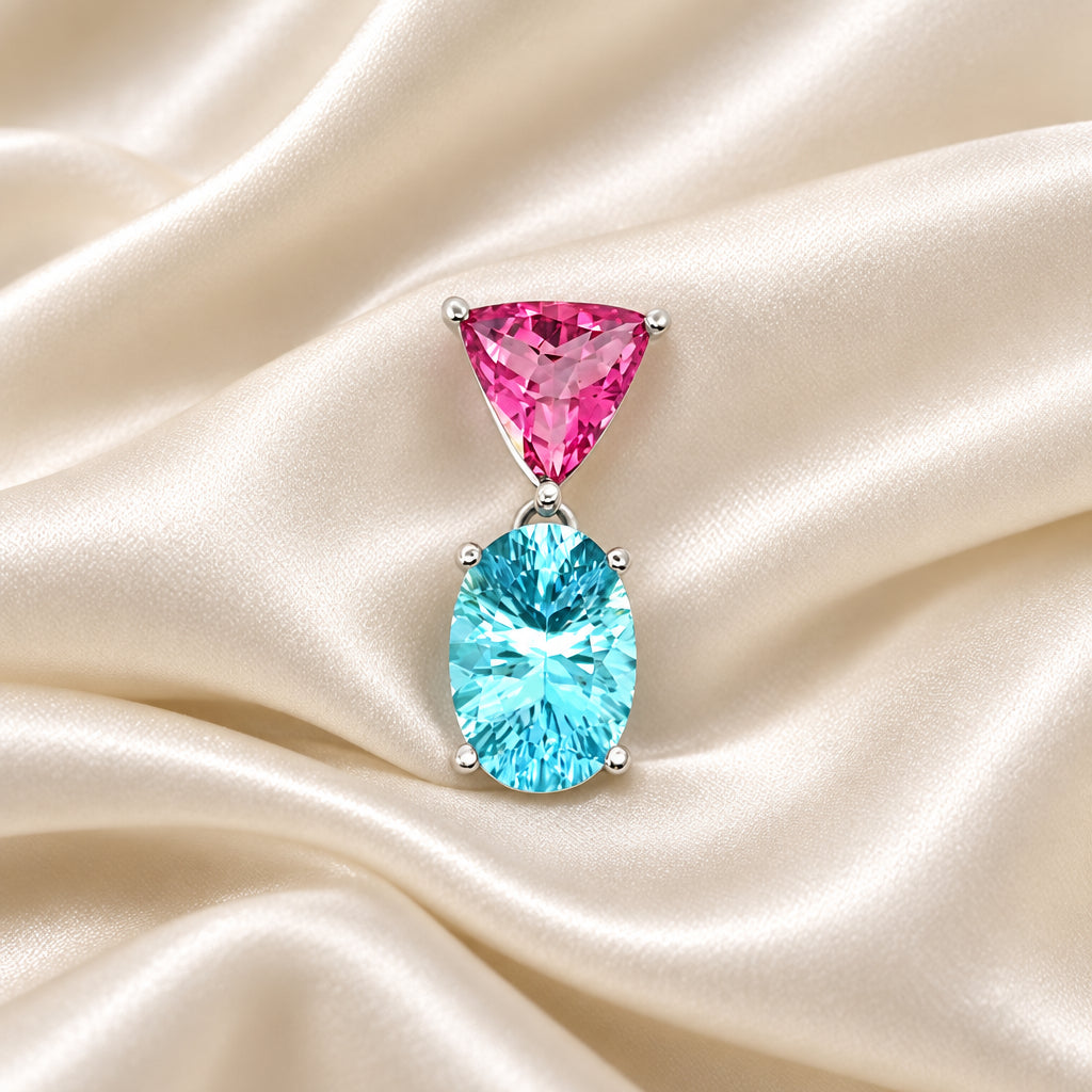 10K White gold trillion cut pink Topaz and oval sky blue Topaz pendant