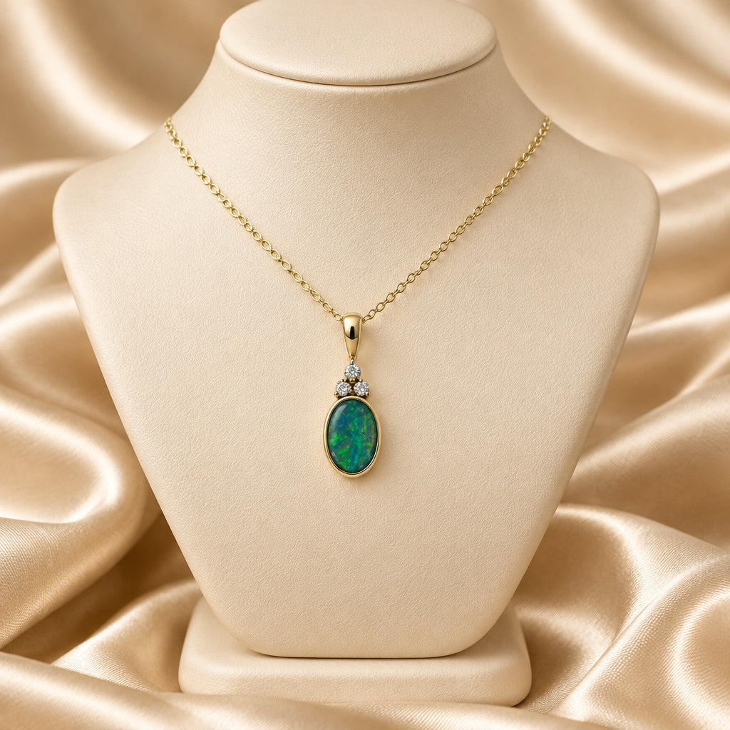 10K Yellow gold oval Opal doublet and Diamond pendant with chain