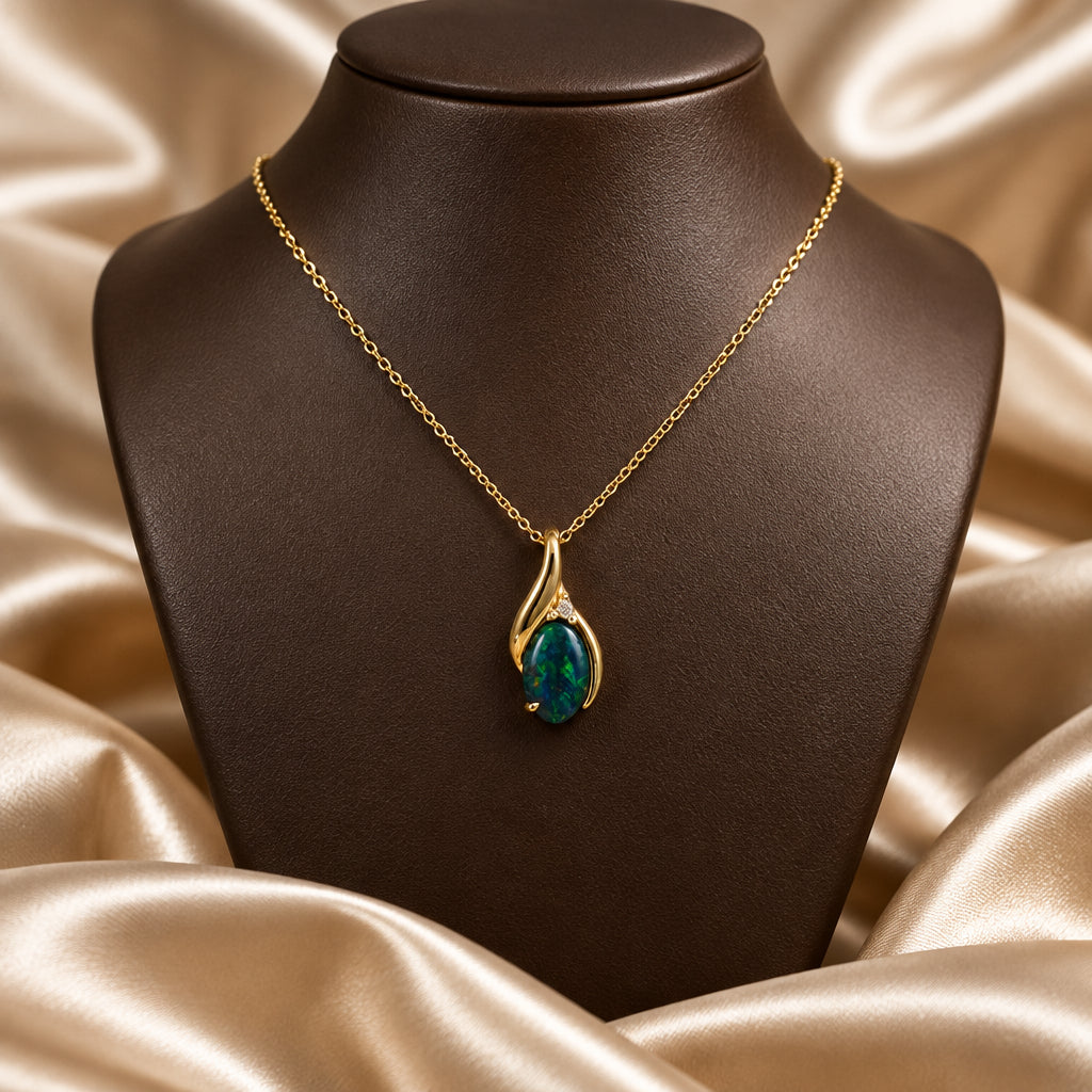 10K Yellow gold oval Australian Opal doublet and Diamond bypass pendant with chain