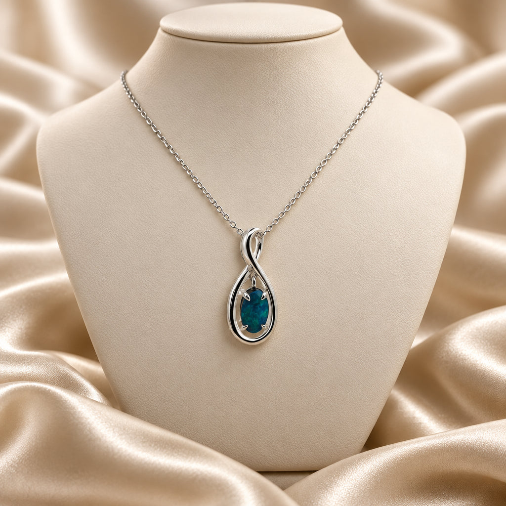 10K White gold oval Australian Opal doublet pendant with chain