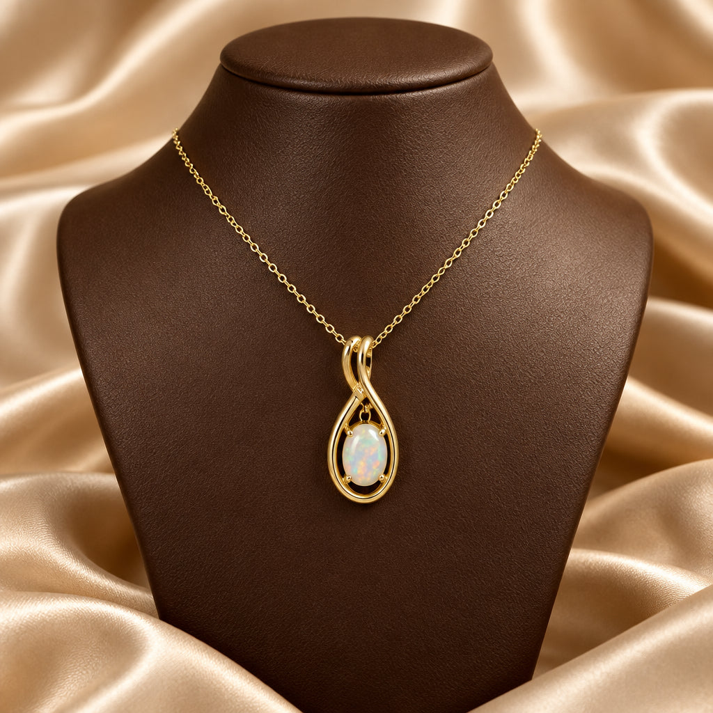 10K Yellow gold oval White Opal pendant with chain