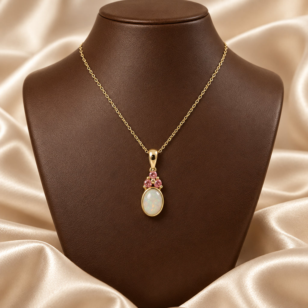 10K Yellow gold oval White Opal and Pink Tourmaline pendant and chain