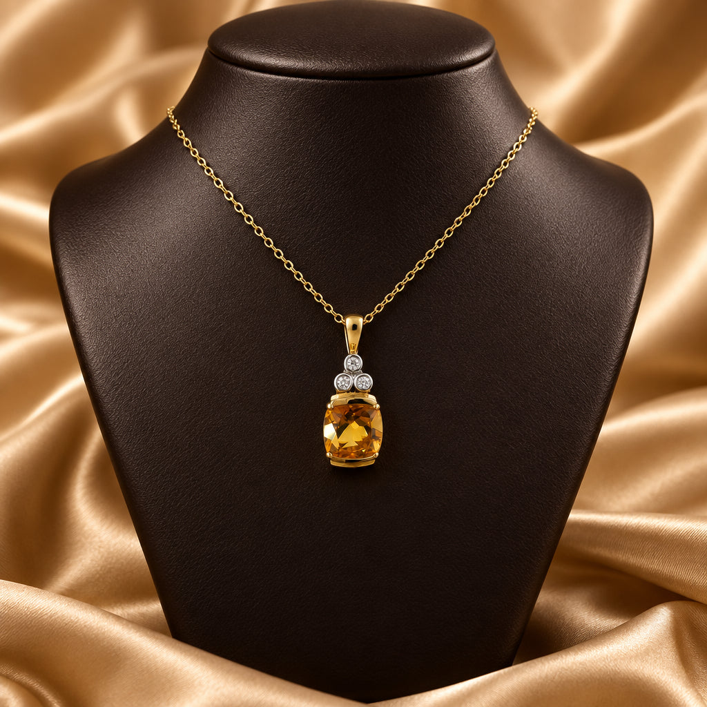 10K Yellow gold Citrine and Diamond pendant with chain