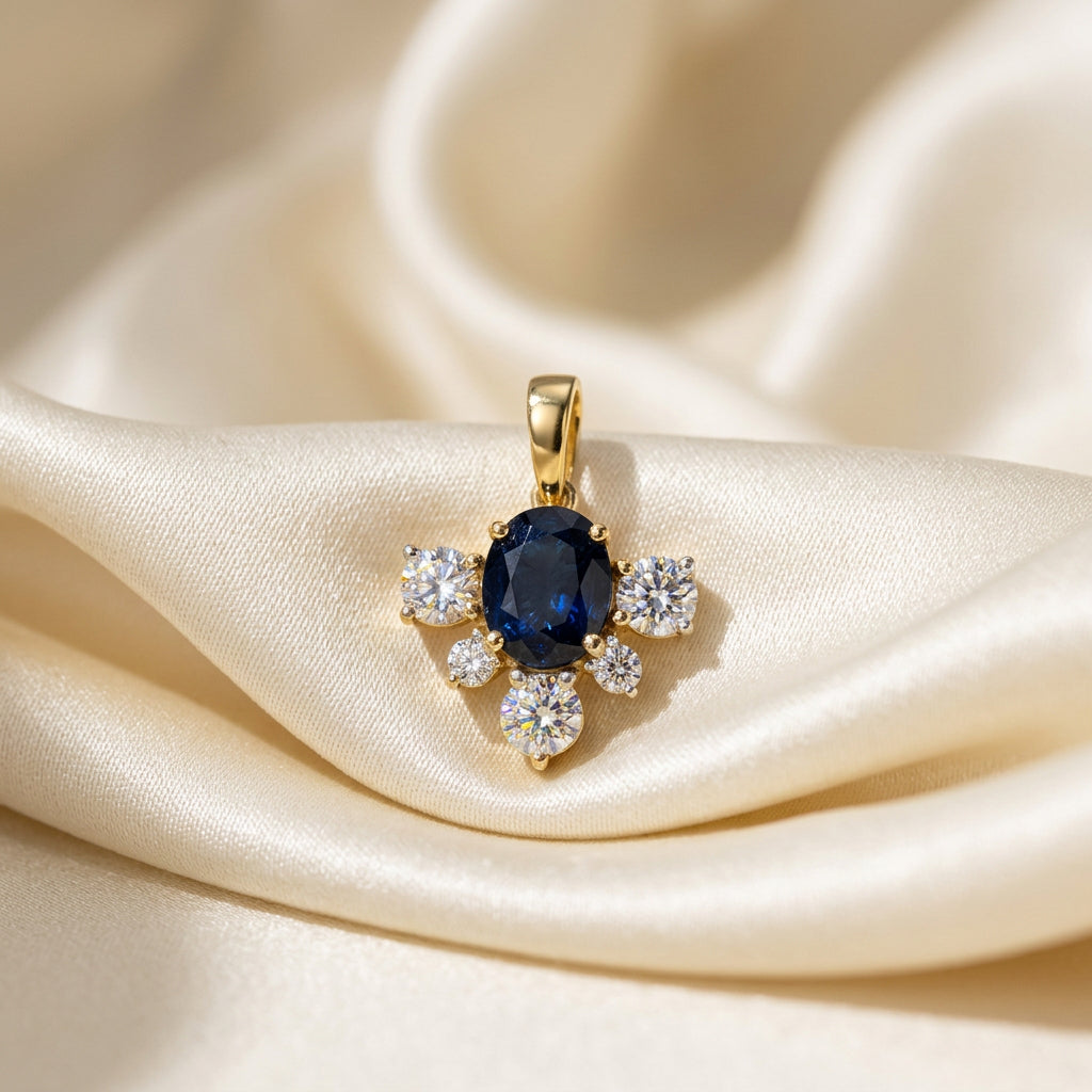 10K Yellow gold oval Sapphire and Diamond pendant