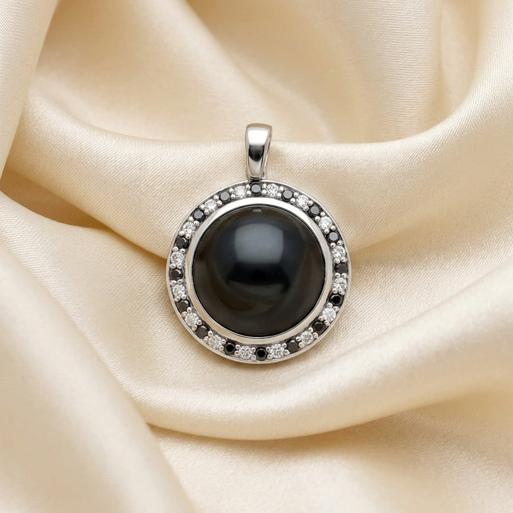 10K White gold cabochon Onyx pendant with natural black diamonds and lab grown diamonds