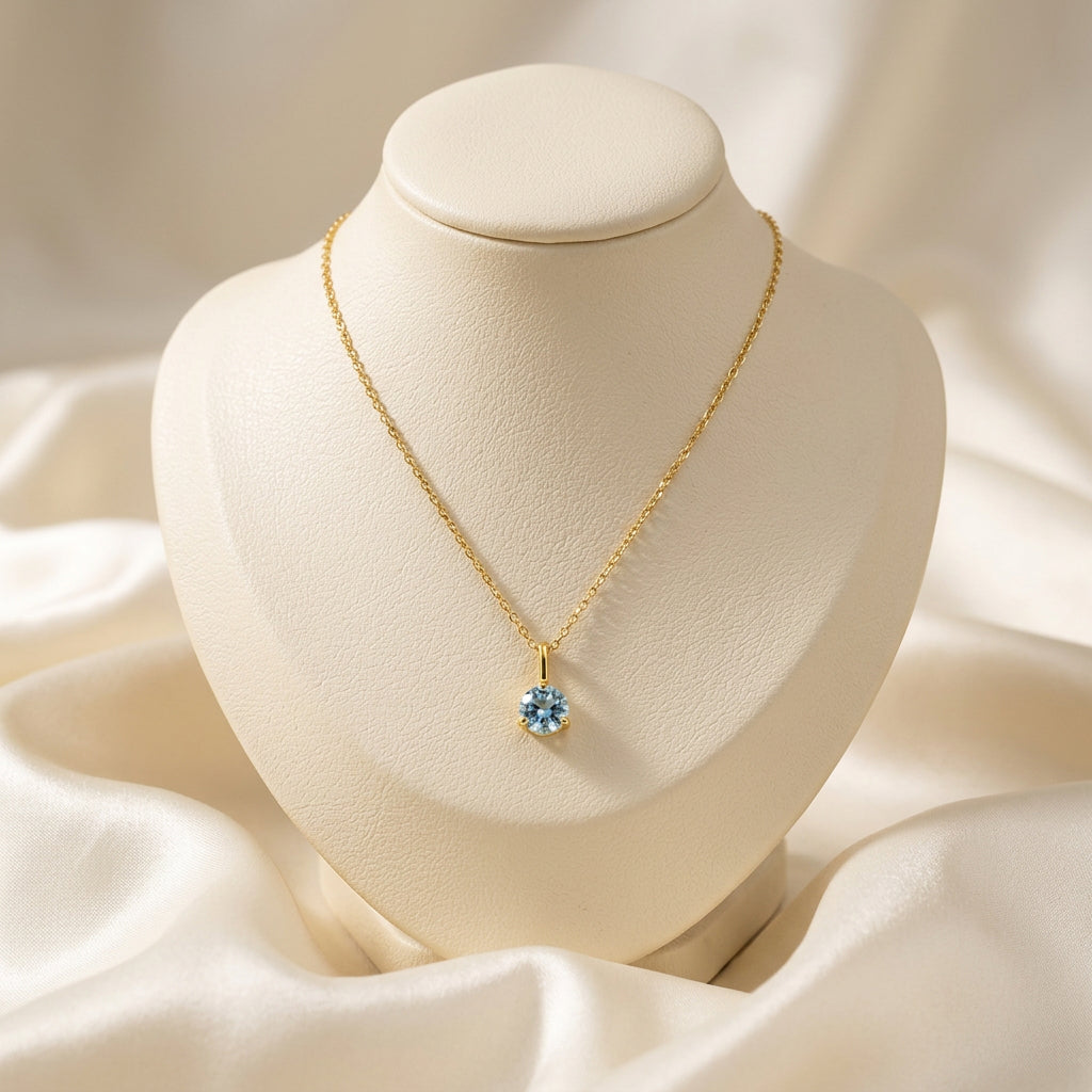 10K Yellow gold martini set Aquamarine birth stone pendant with chain