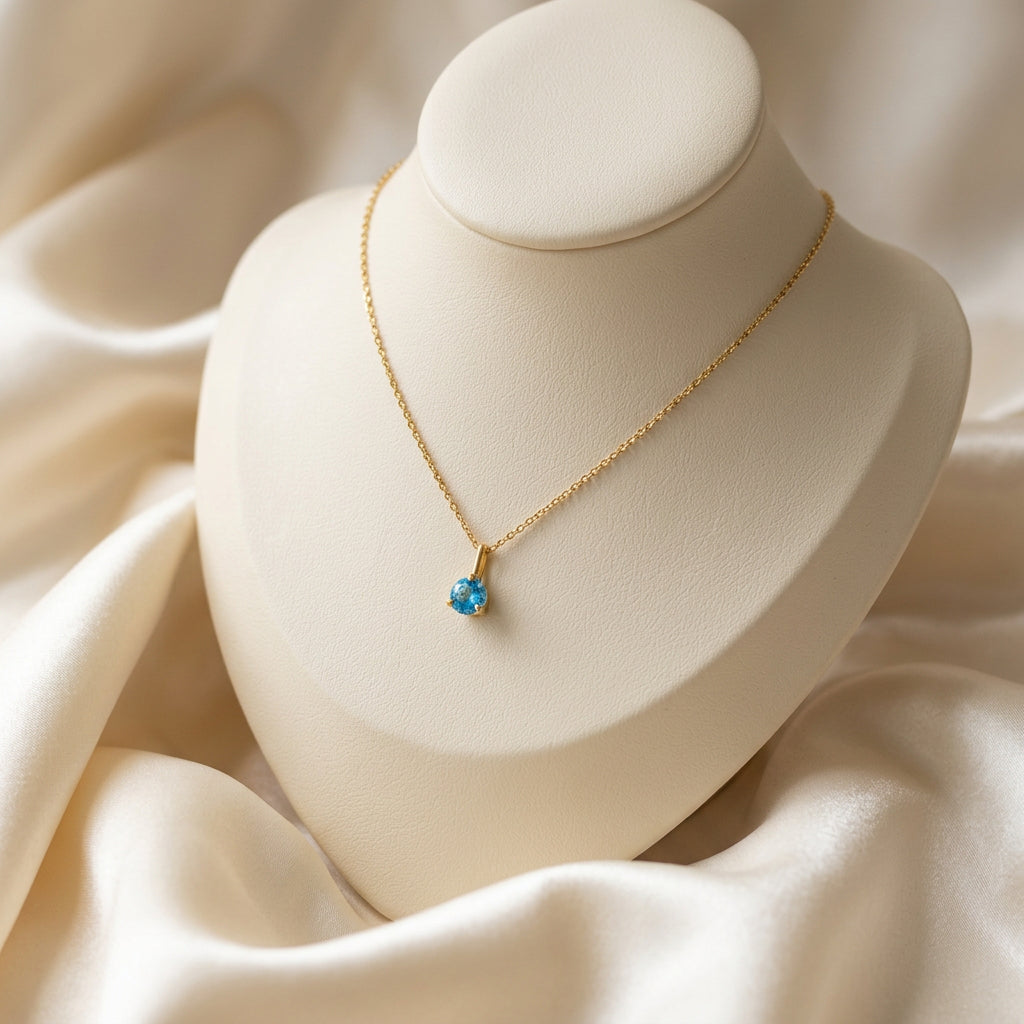 10K Yellow gold martini set Blue Topaz birth stone pendant with chain