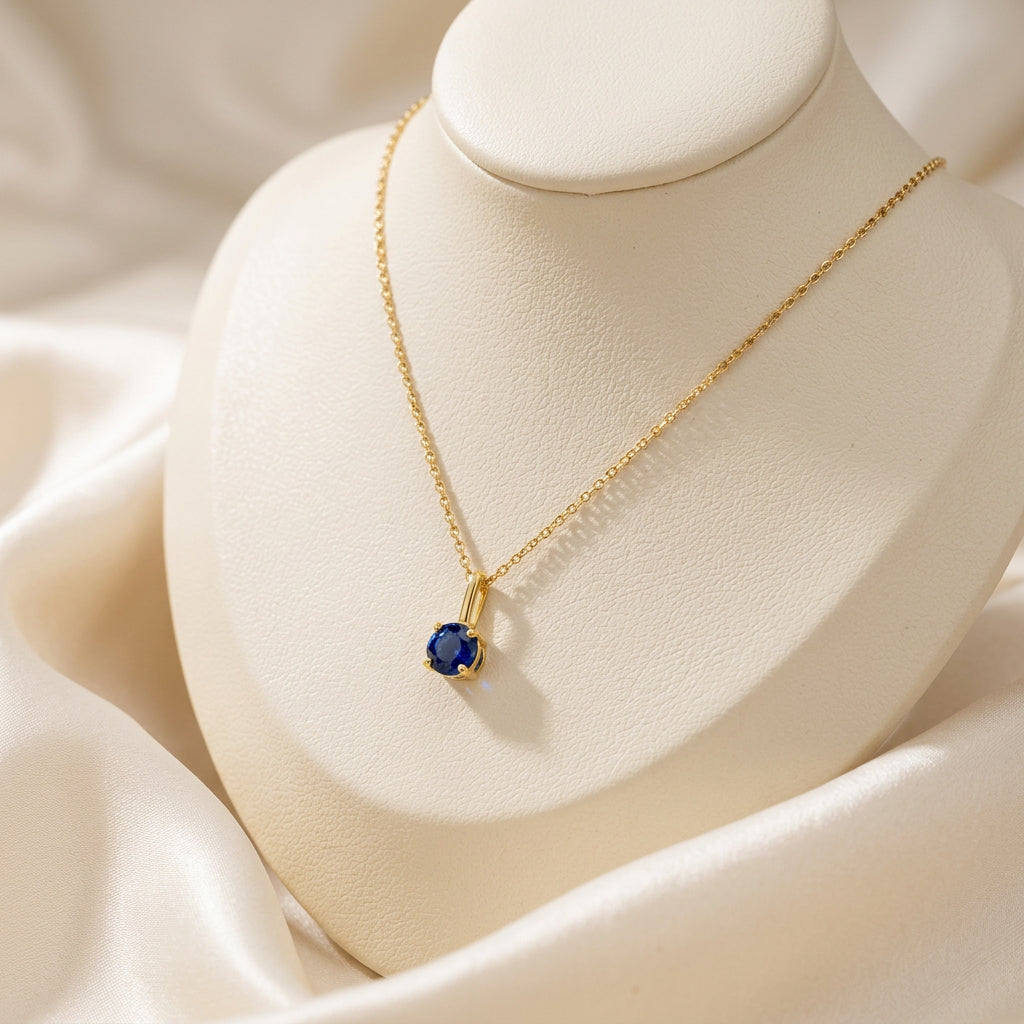 10K Yellow gold martini set lab created Blue Sapphire birth stone pendant with chain