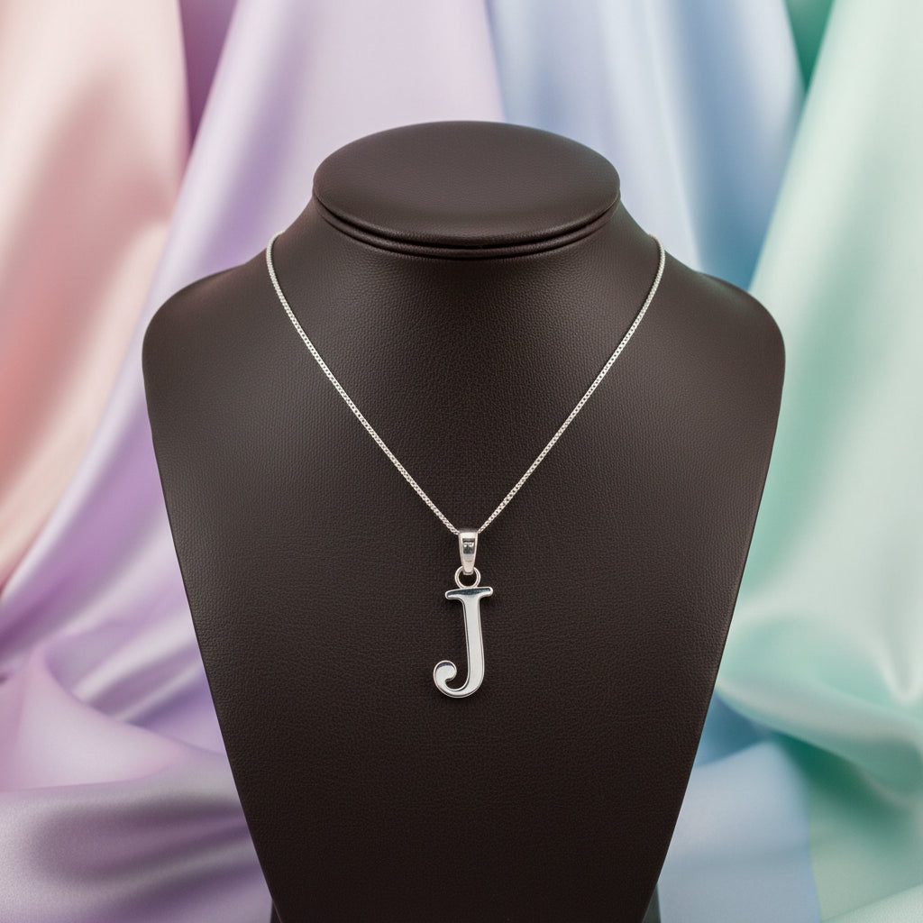 10K White gold initial "J" pendant with chain