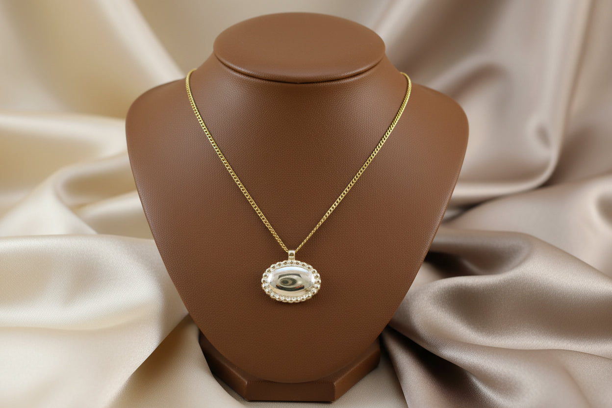 10K YG Beaded Oval Pendant With Chain