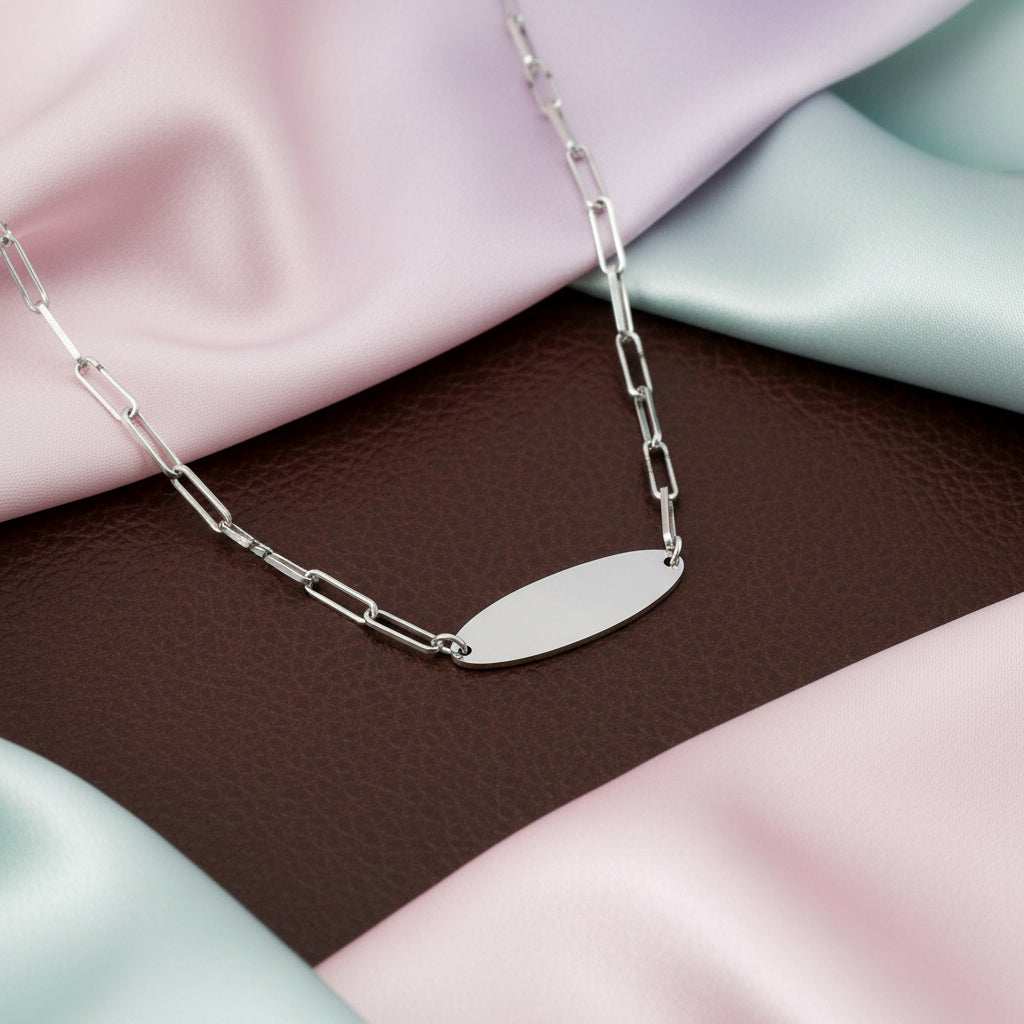 Sterling silver paperclip necklace with oval ID plate