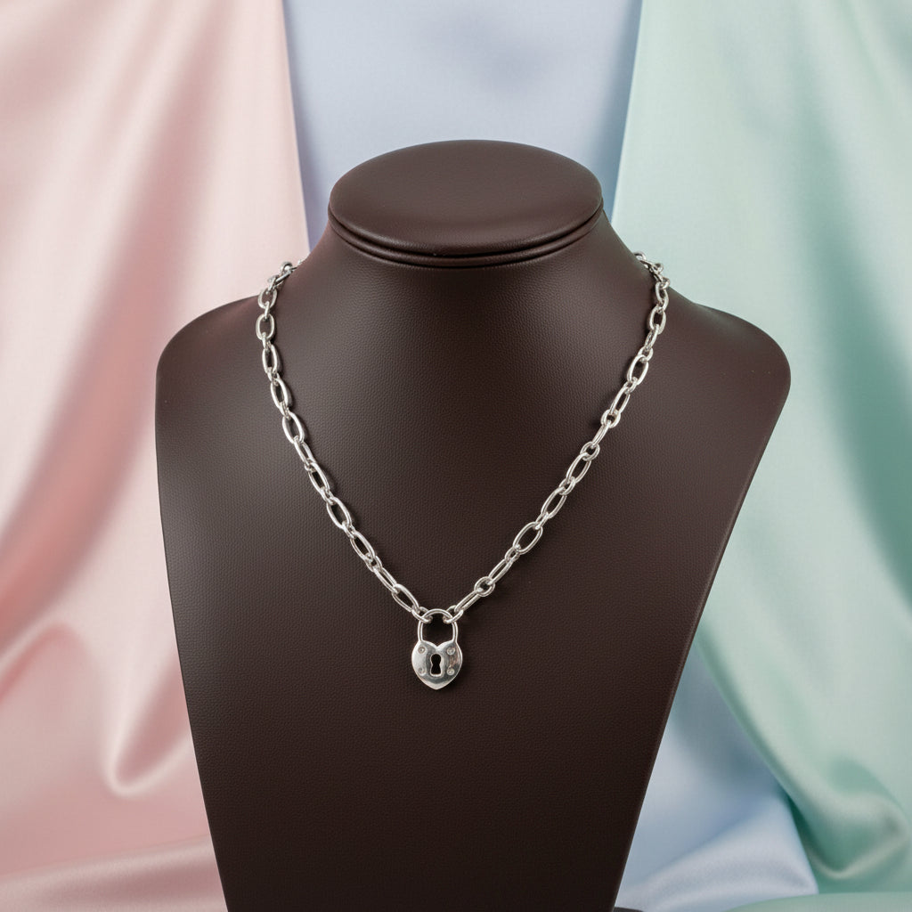Sterling silver paperclip necklace with heart padlock