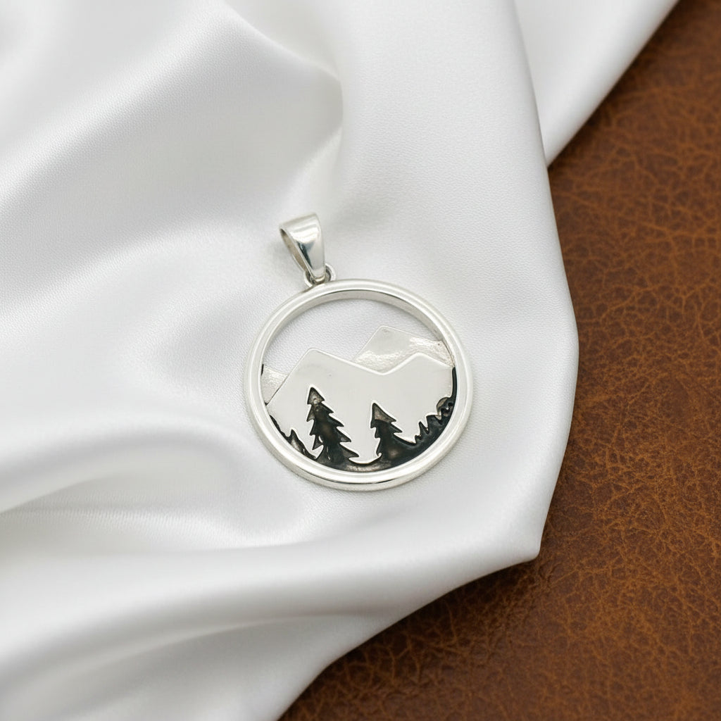 Sterling silver mountain & tree pendant