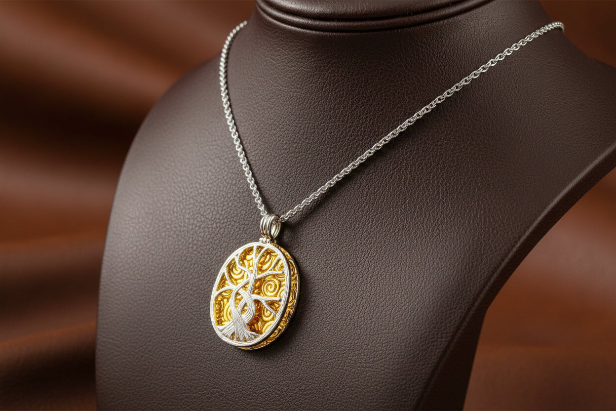 KEITH JACK SS 22K GILDED TREE OF LIFE 4 WAY PENDANT WITH CHAIN