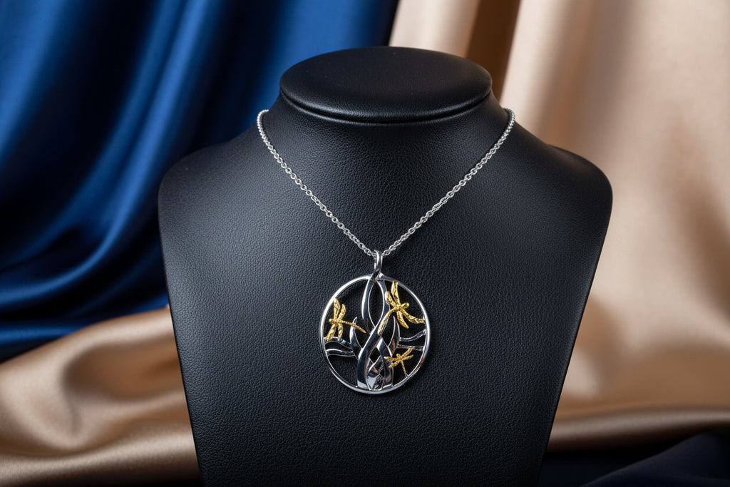 KEITH JACK SS 10KT YG DRAGONFLY IN REEDS PENDANT SMALL WITH CHAIN