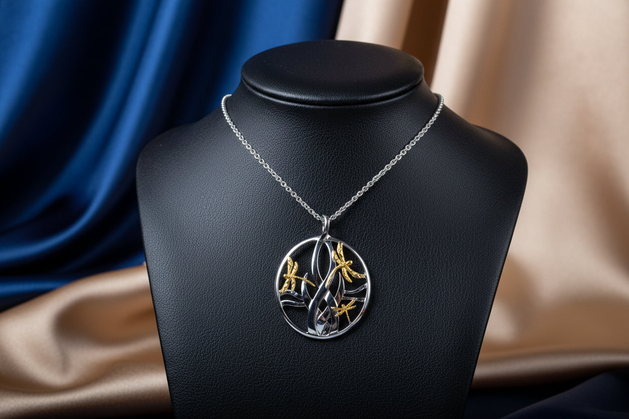 KEITH JACK SS 10KT YG DRAGONFLY IN REEDS PENDANT SMALL WITH CHAIN