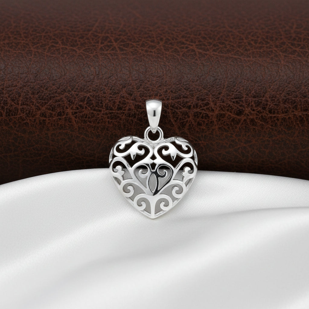 Sterling Silver Puff Filigrea Heart Charm