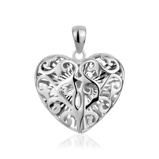 Sterling Silver Puff Filigrea Heart Pendant