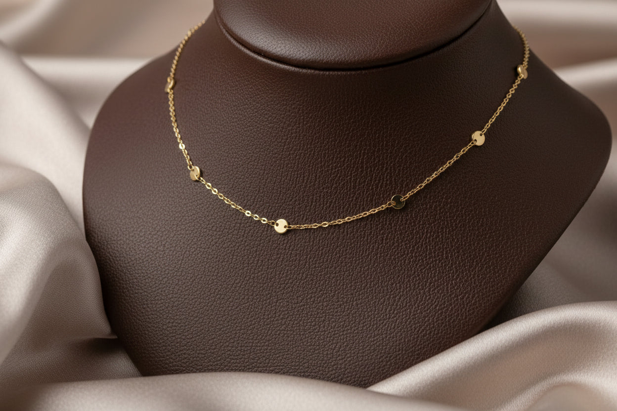 10K YG Tiny Round Disc Station Chain 18"