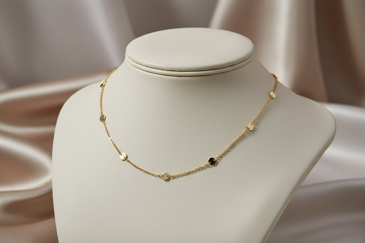 10K YG Tiny Round Disc Station Chain 18"