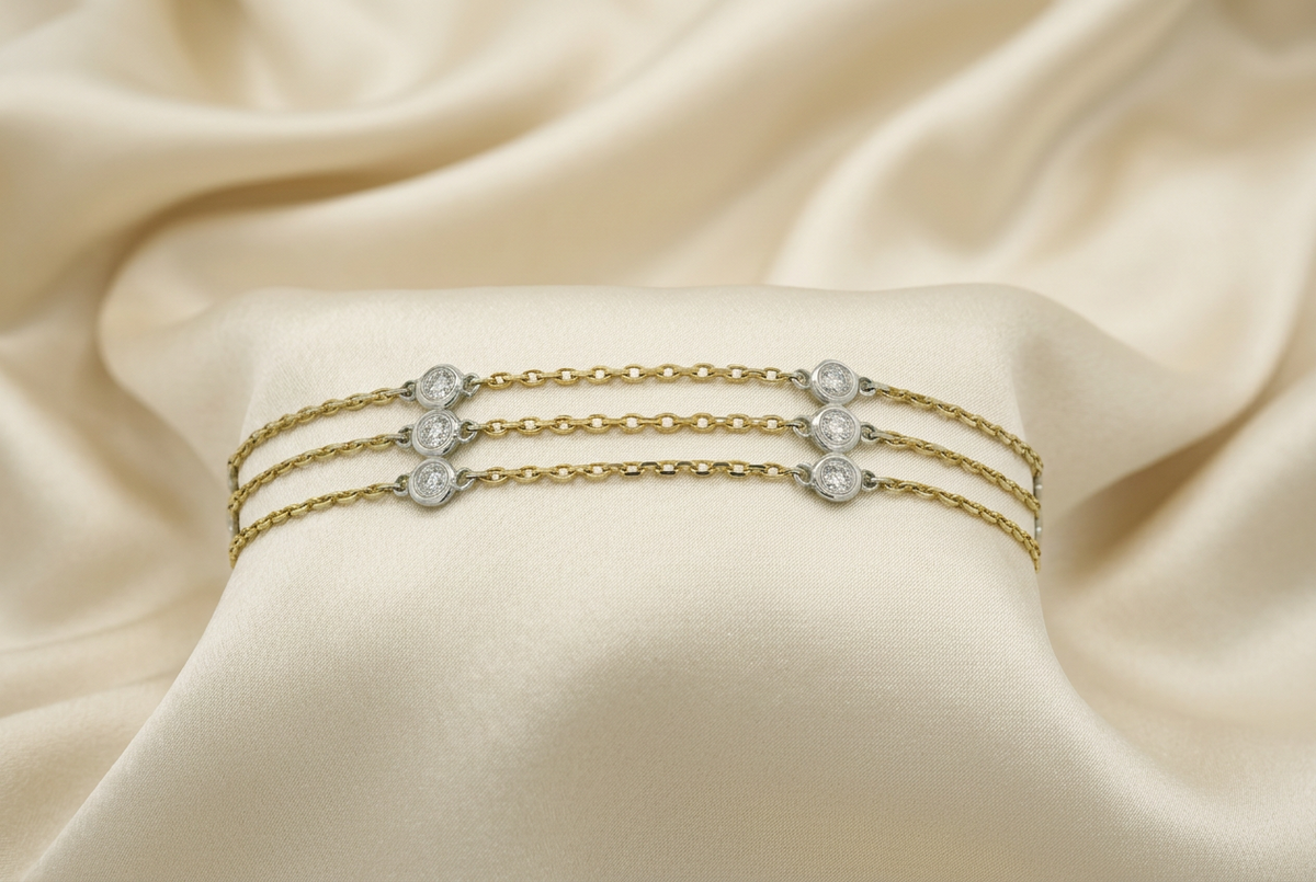 14K Yellow & white three-row diamond bracelet
