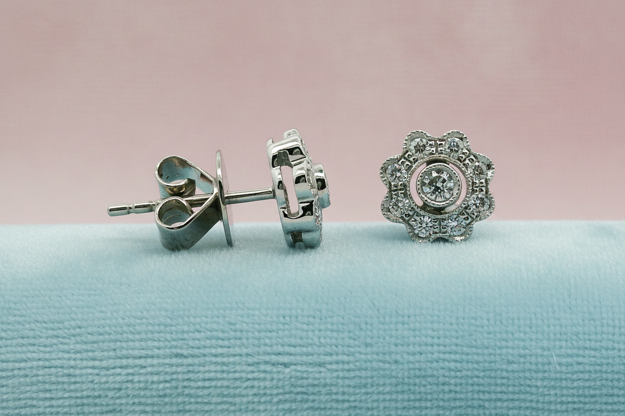 14K White gold diamond floral studs