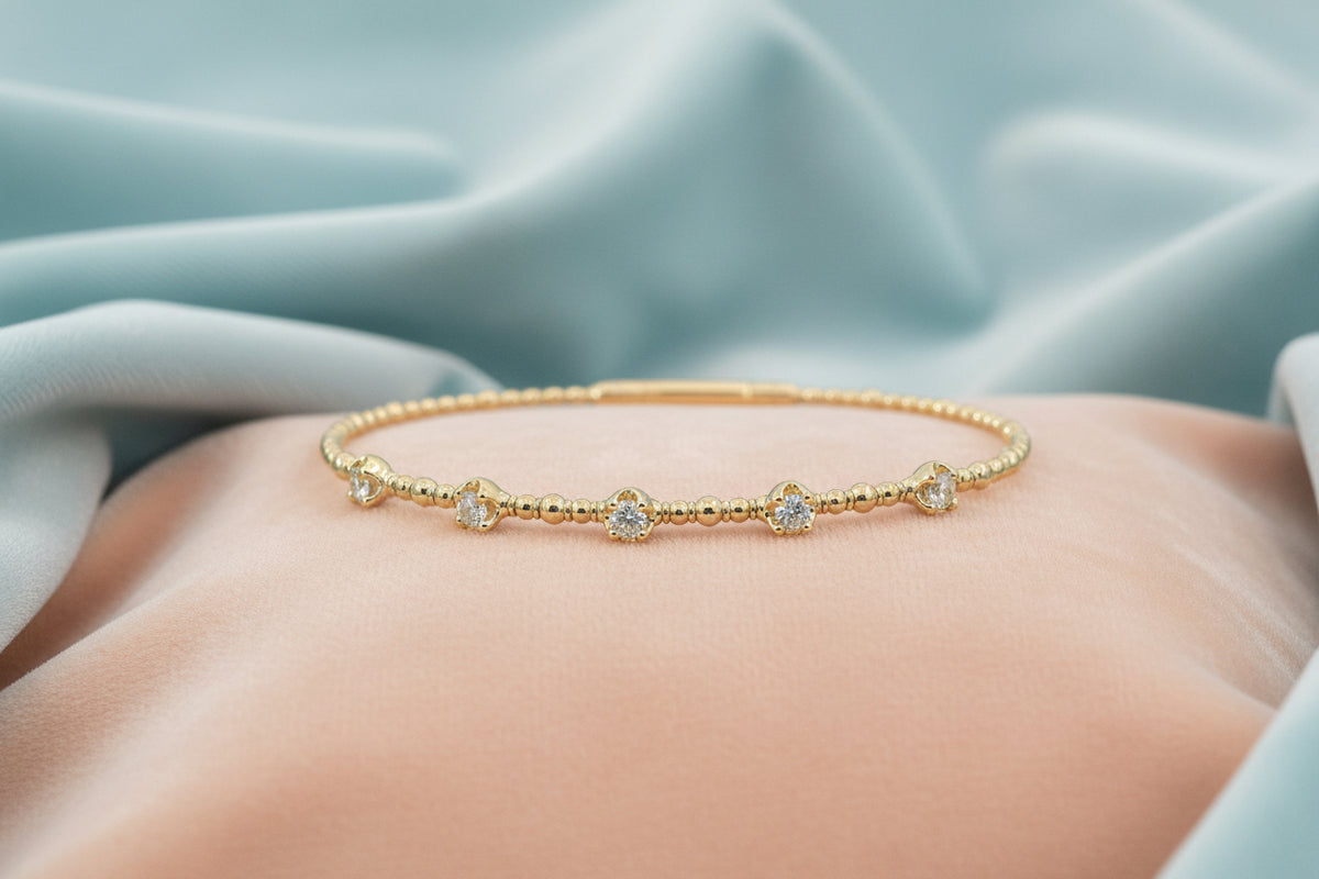 14K Yellow gold beaded diamond bangle