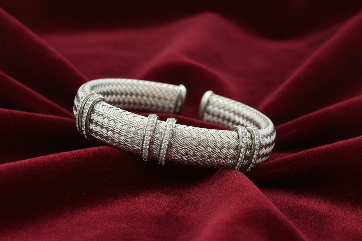 SS CG "FERRARA" RHOD 12MM WOVEN CZ STATION CUFF BANGLE
