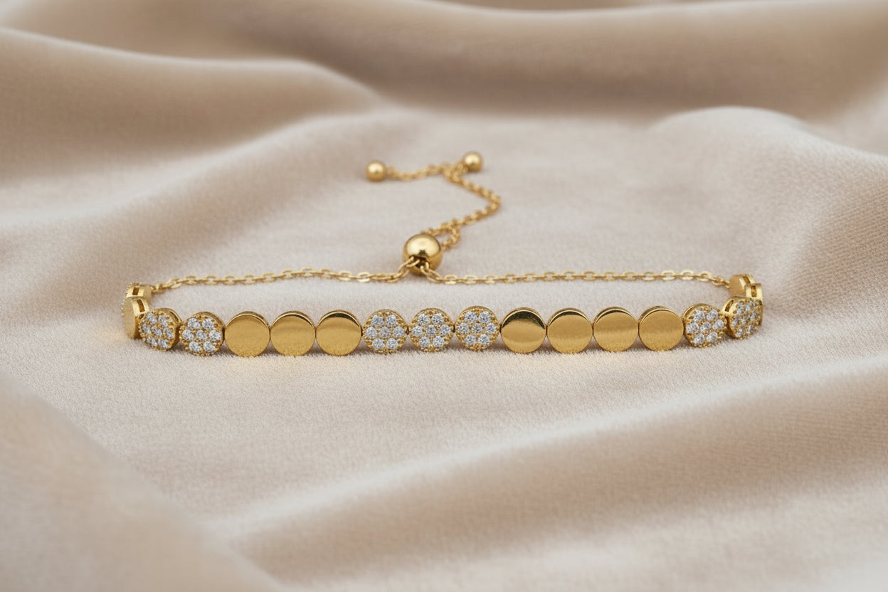 10K YELLOW GOLD PLAIN AND CZ PAVE CIRCLE DISC ADJUSTABLE BOLO BRACLELET