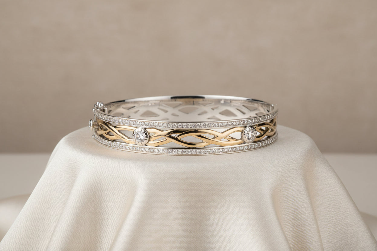 SS WITH 10K YG CZ BRAVE HEART BANGLE EXTRA LARGE SIZE