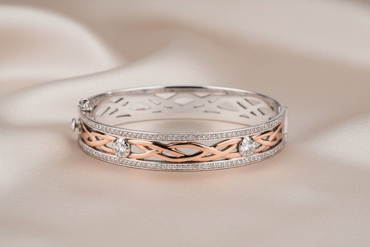 SS OXIDIZED + 10K RG CZ BRAVE HEART BANGLE