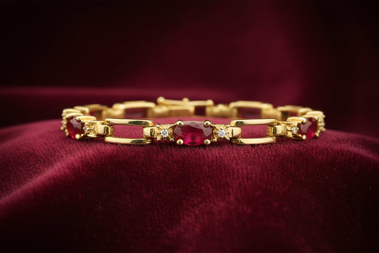 10K YG 5X3 OVAL RUBIES WITH 0.10CTW DIAMOND BRACELET