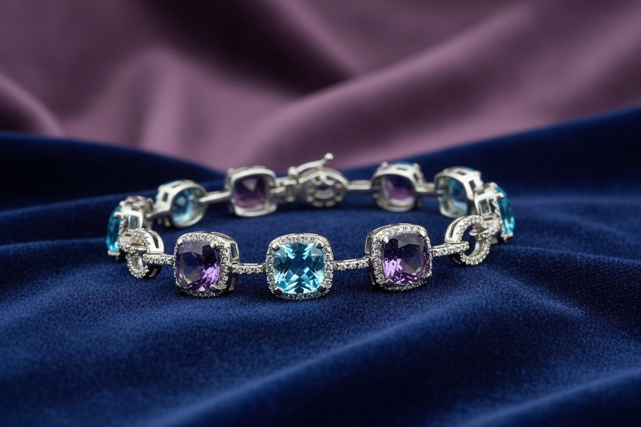 14K WG 0.97CTW DIAMOND, 8.14CTW SEMI PRECIOUS STONE BRACELET