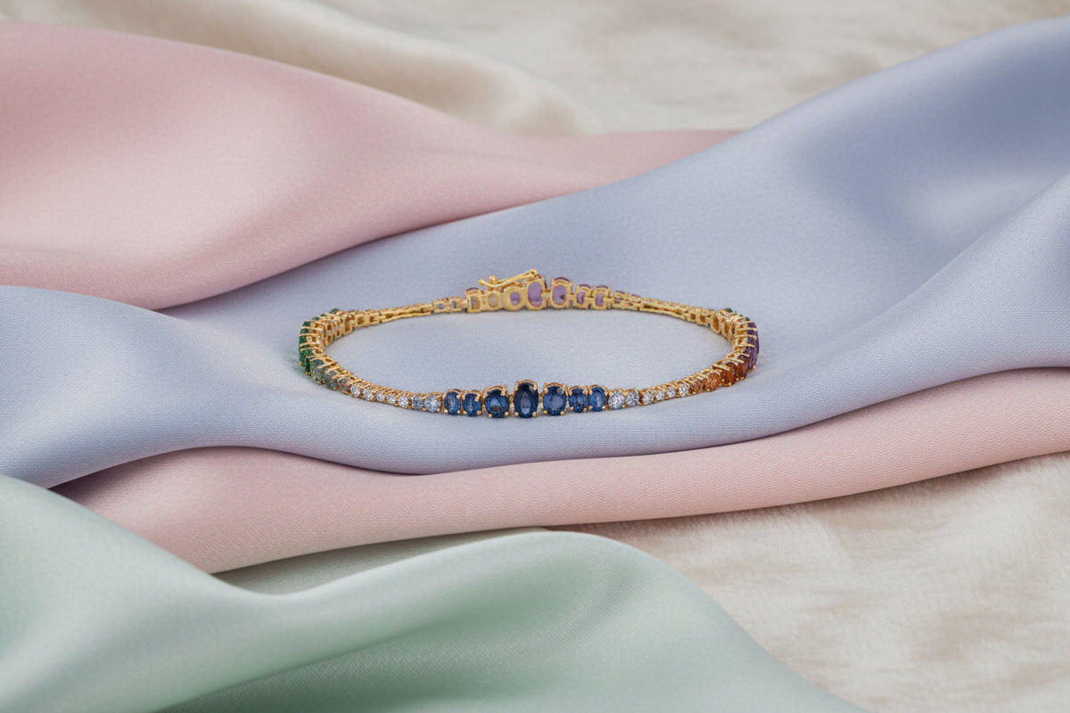 14K YG 10.39CTW MULTI COLOURED SAPPHIRES WITH 12RD=0.53CTW DIAMOND BRACELET 7.5"