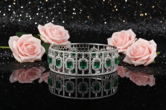 10K WG 4.70ctw Emerald Hinged Bangle with 7.90ctw RD/BG/EM Cut Diamonds