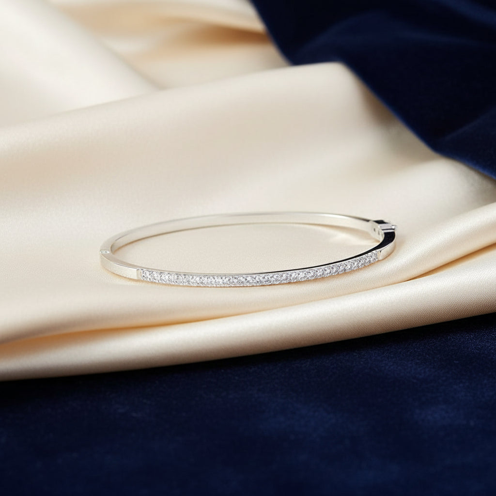 Sterling Silver Half Pave Bangle with Cubic Zirconia