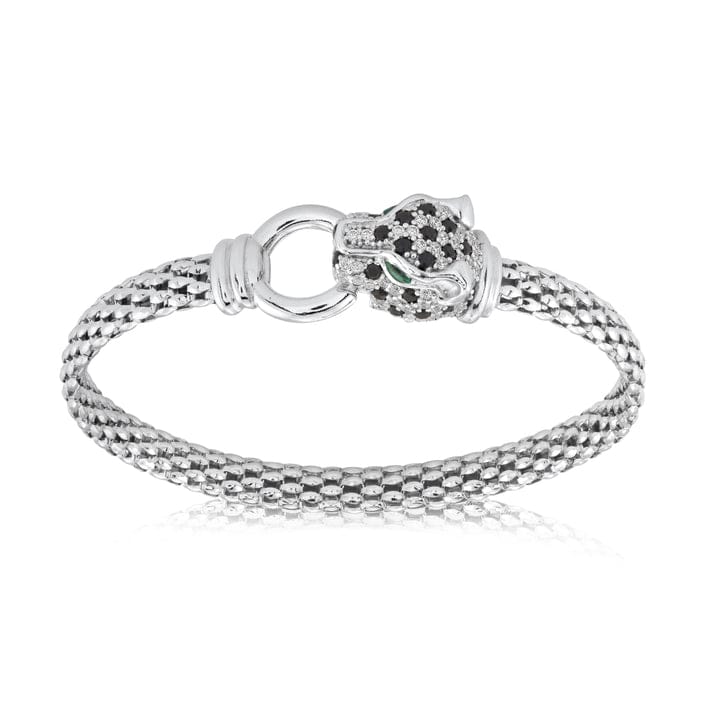 Sterling Silver Mesh Bracelet with Panther Head Accented with Colored Cubic Zirconia