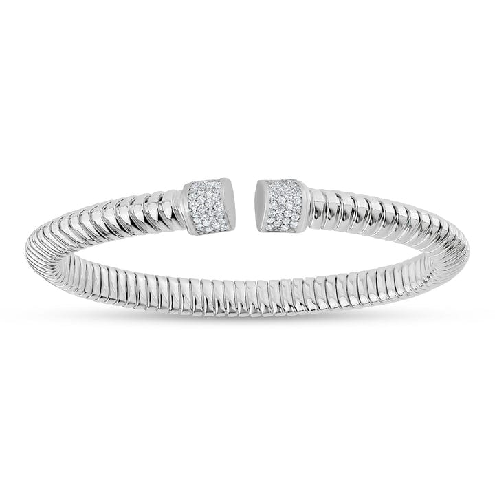 Sterling Silver Grooved Open Bangle with Cubic Zirconia