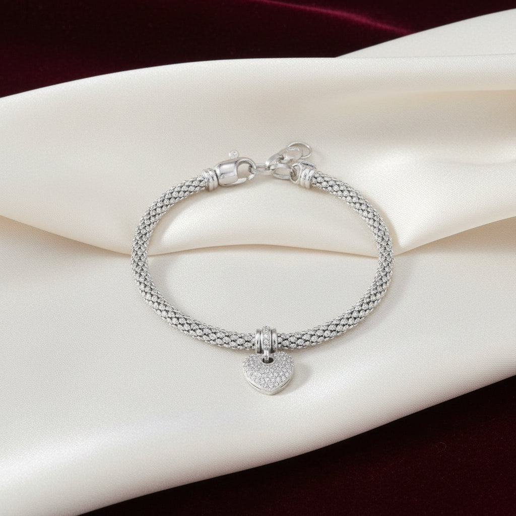 Sterling Silver Mesh Bracelet with Puffed Heart Charm Accented with Cubic Zirconia