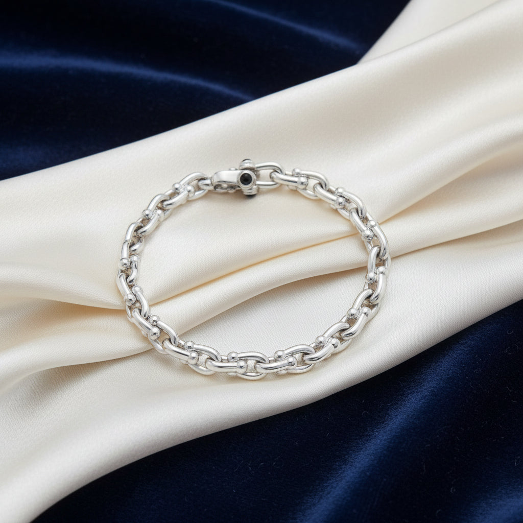 Sterling Silver Small Marine Link Bracelet Accented with Black Onyx on Clasp