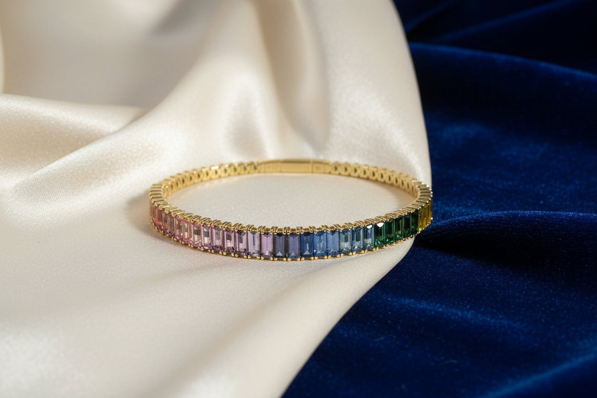 14K Yellow gold multi colored emerald cut sapphire bangle