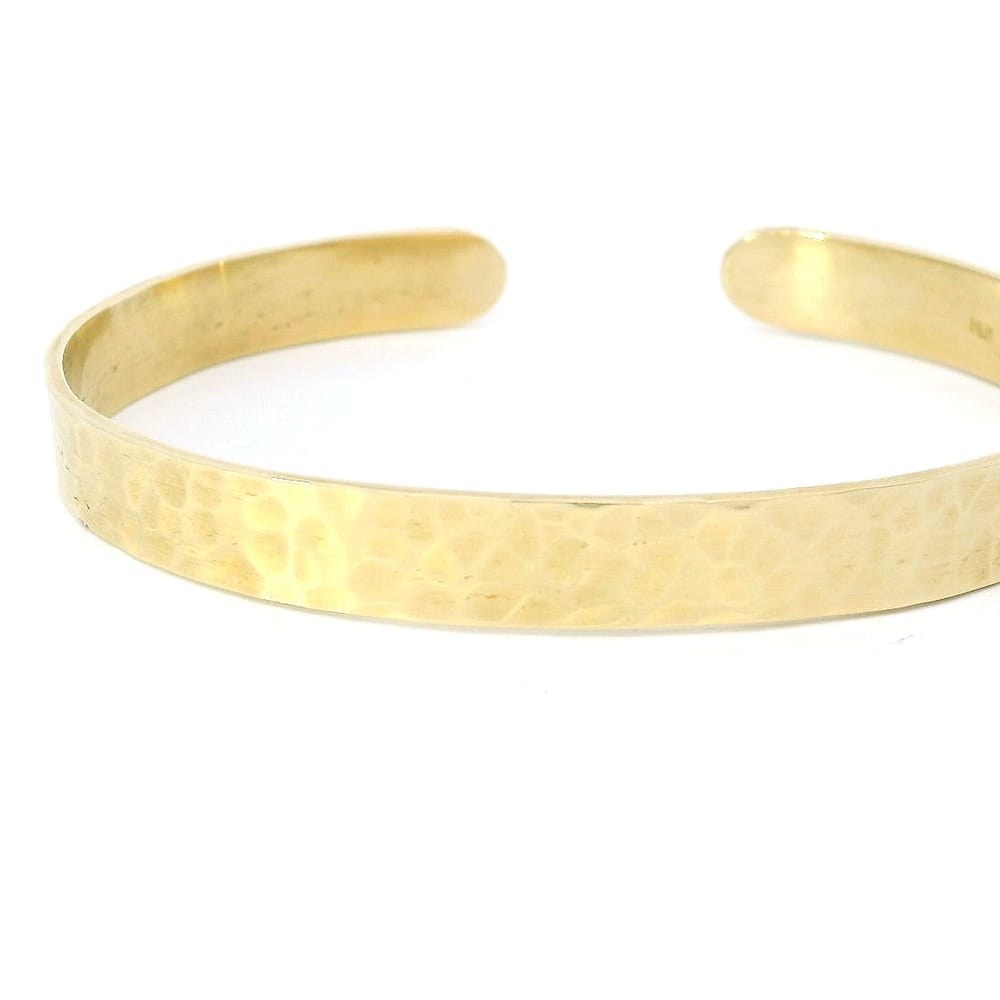 14K YELLOW GOLD FREE HAND HAMMER FINISHED CUFF STYLE CUSTOM BRACELET.