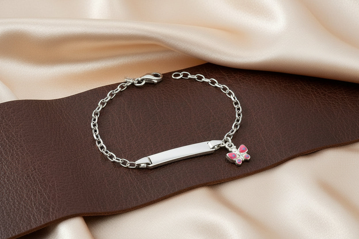 Sterling Silver Rhd ID Bracelet with Butterfly