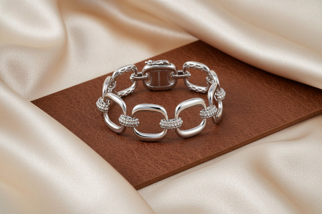 (S2205330) Sterling Silver Bujukan & Cushion Shaped Link Bracelet 7" "Gabriel & Co."