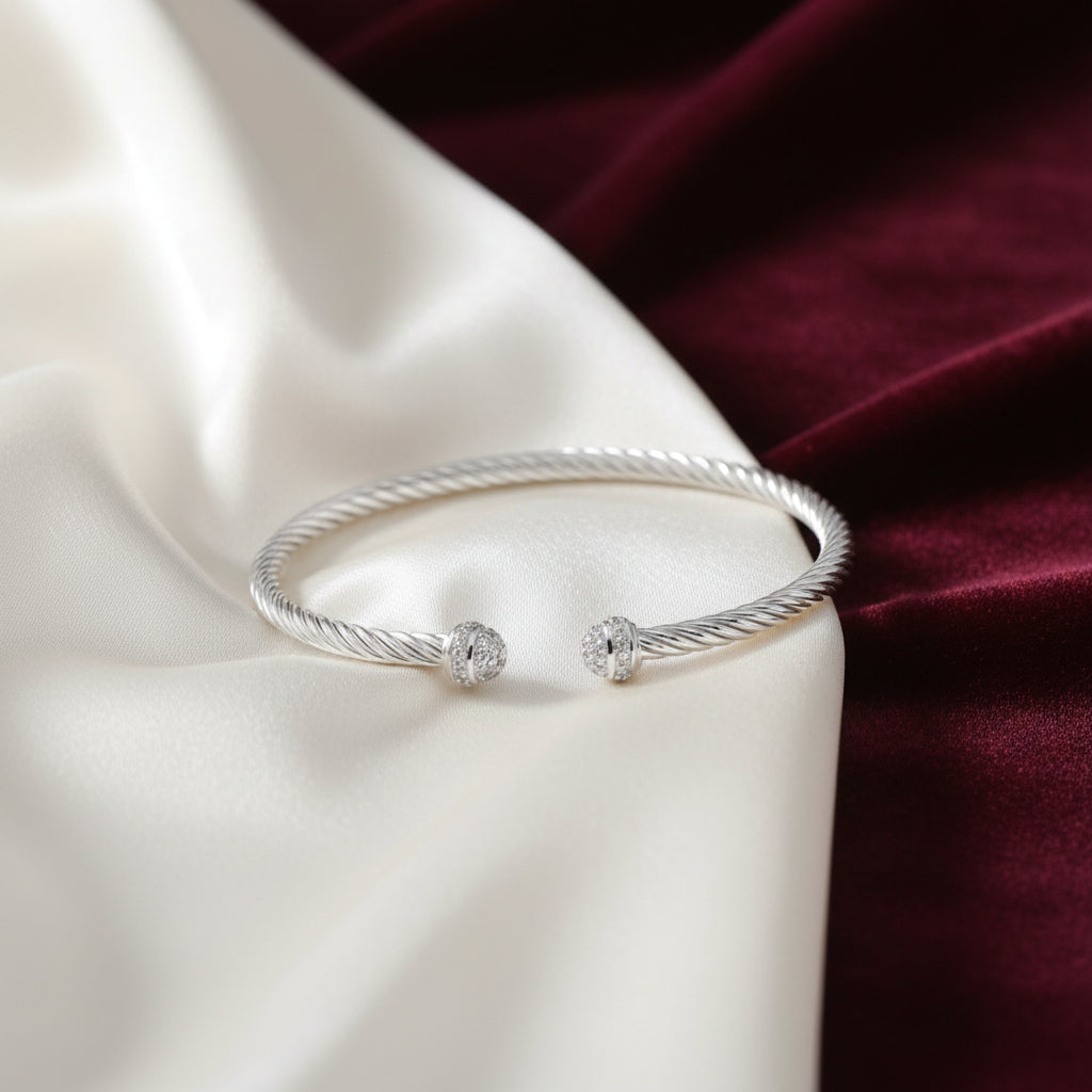 Sterling Silver Mini Twist Fancy Open Bangle with Cubic Zirconia Edges