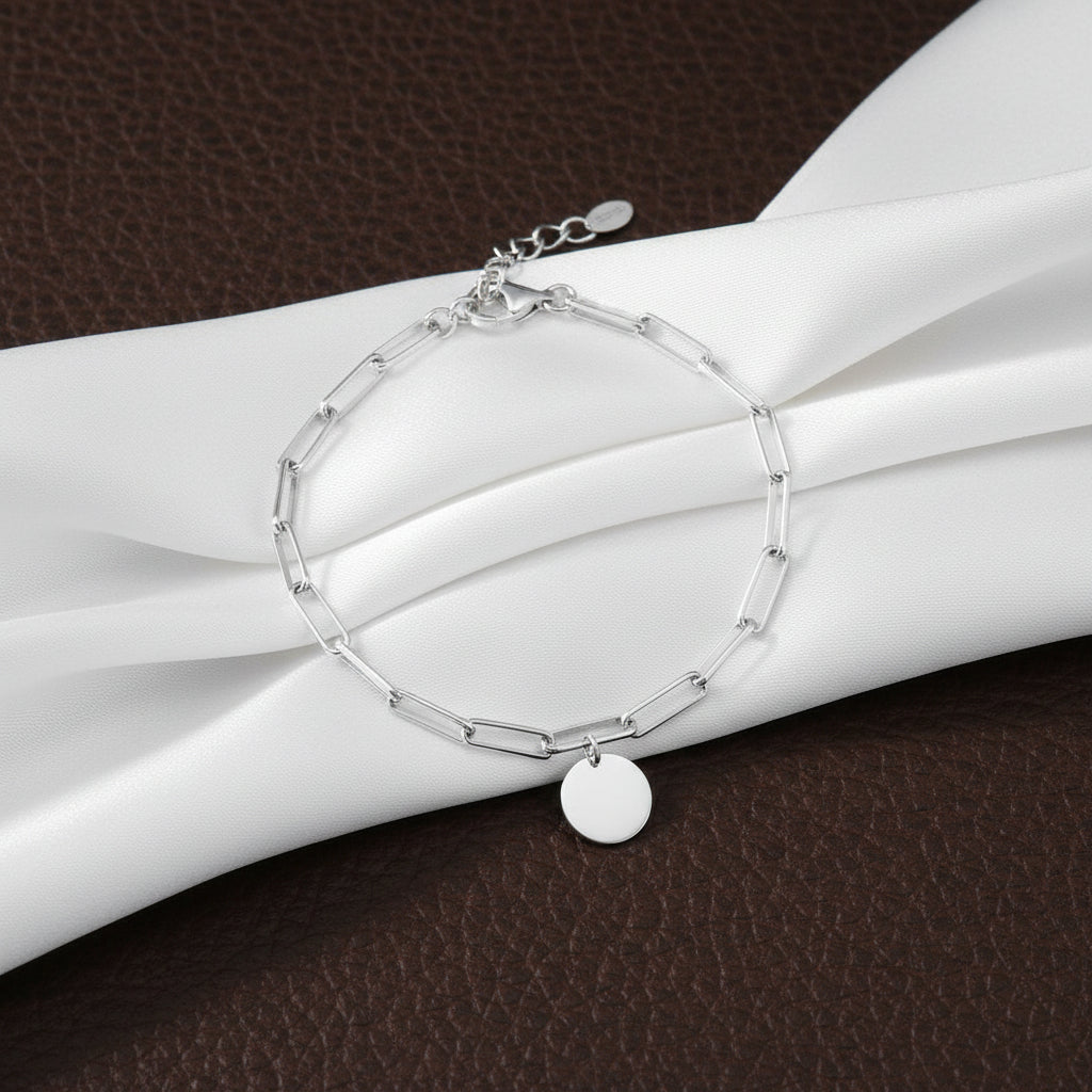Sterling Silver Paperclip Disc Charm Bracelet
