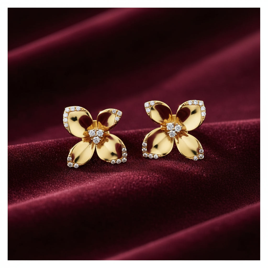 14K YG 46RD=0.31CTW DIAMOND FLOWER STUD EARRINGS