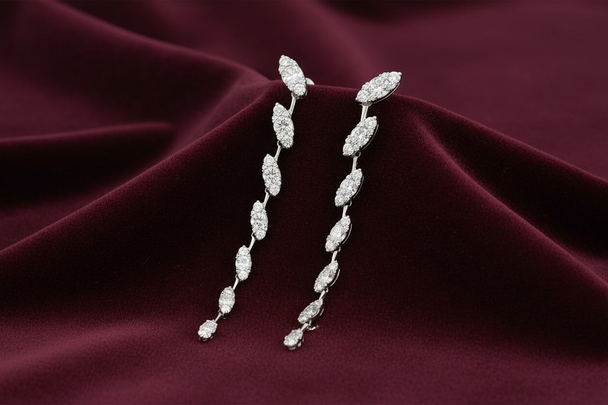 14K WG .84TW SI1 G MARQUISE CLUSTER 7 STATION DANGLE EARRINGS