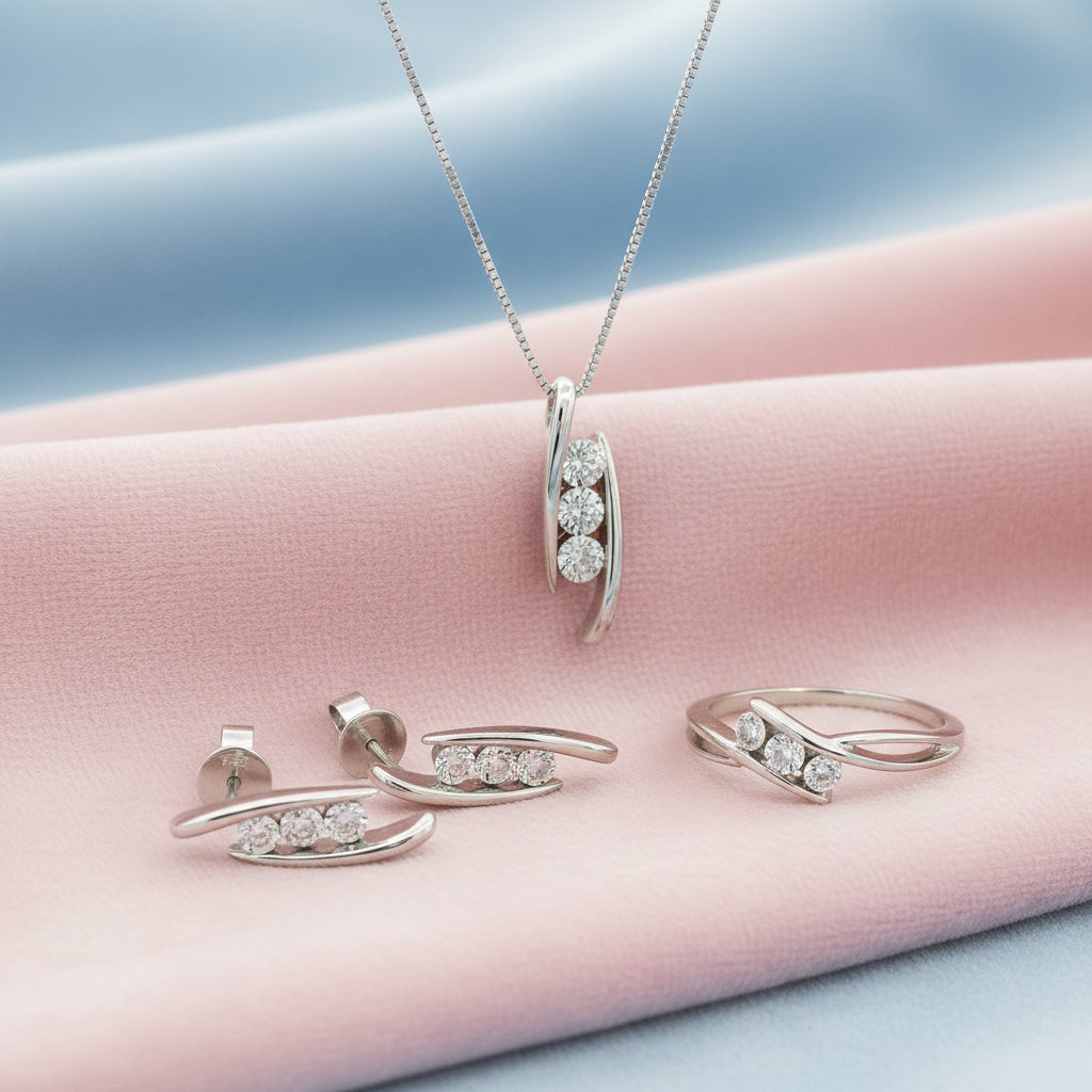 14K WG MATCHING DIAMOND ILLSUION EARRING, PENDANT & RING SET RING